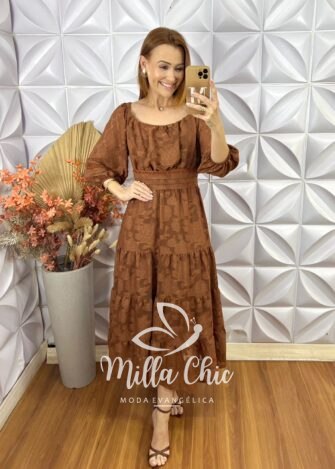 Vestido Tunísia Em Chiffon Devorê - Marrom - Milla Chic