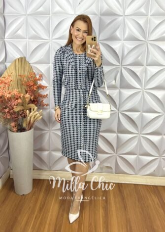 Vestido Tina Com Casaco Em Tweed - Preto e Branco - Milla Chic