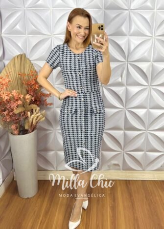 Vestido Tina Com Casaco Em Tweed - Preto e Branco - Milla Chic