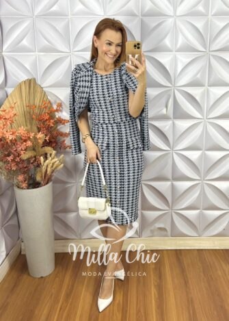 Vestido Tina Com Casaco Em Tweed - Azul - Milla Chic