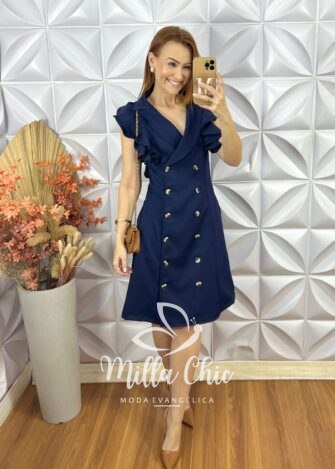 Vestido Trench Coat Em Alfaiataria - Azul Marinho - Milla Chic