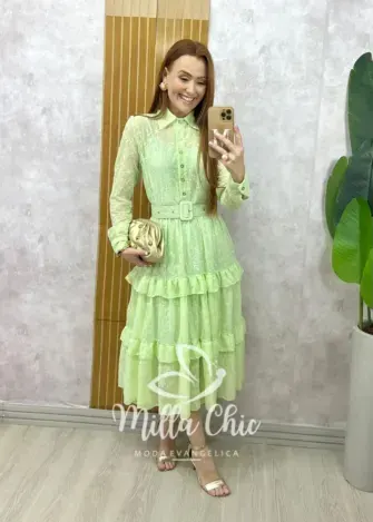 Vestido Rebeca em chiffon bordado Rosa Pó - Milla Chic