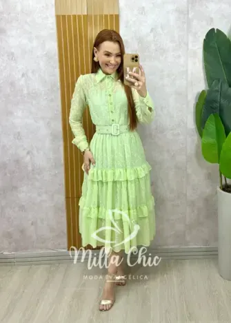 Vestido Rebeca em chiffon bordado Rosa Pó - Milla Chic