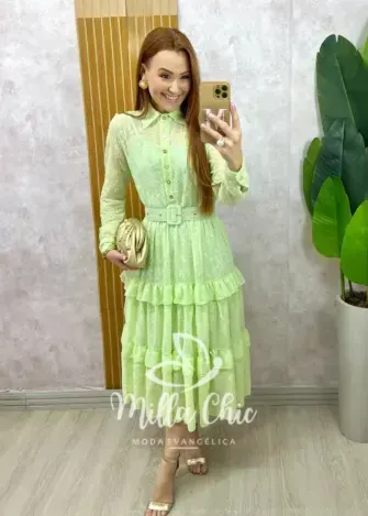 Vestido Rebeca em chiffon bordado Rosa Pó - Milla Chic