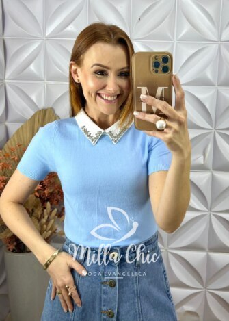 Blusa Tricot Modal Ângela - Azul - Milla Chic