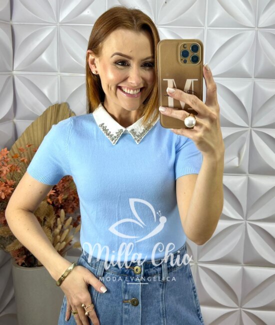 Blusa Tricot Modal Ângela - Azul - Milla Chic