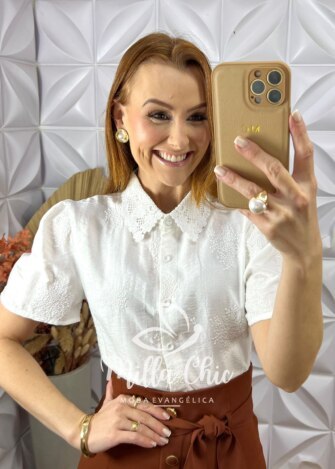 Camisa Domênica Gola Guipper - Branca - Milla Chic