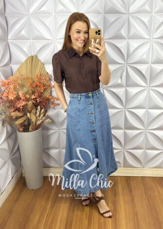 Milla Chic - millachic com br camisa domenica gola guipper marrom Camisa Domênica Gola Guipper - Marrom - Milla Chic