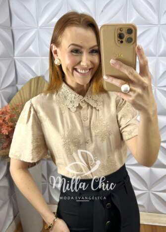 Camisa Domênica Gola Guipper - Nude - Milla Chic