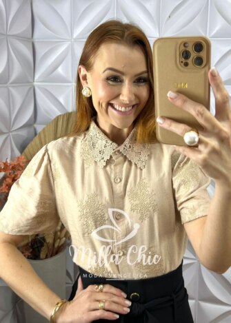 Milla Chic - millachic com br camisa domenica gola guipper nude 3 Camisa Domênica Gola Guipper - Nude - Milla Chic