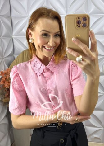 Camisa Domênica Gola Guipper - Rosa - Milla Chic