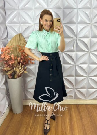 Camisa Domênica Gola Guipper - Verde - Milla Chic