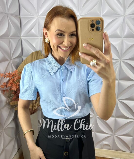 Camisa Domênica Gola Guipper - Azul - Milla Chic
