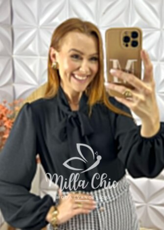 Camisa Elisany Gola Laço - Preta - Milla Chic