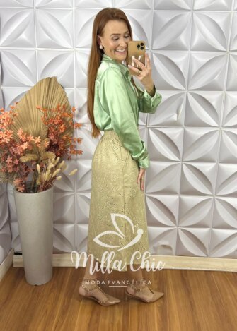 Saia Deisy em lesie P.U bordada - Off White - Milla Chic