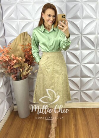Saia Deisy em lesie P.U bordada - Off White - Milla Chic