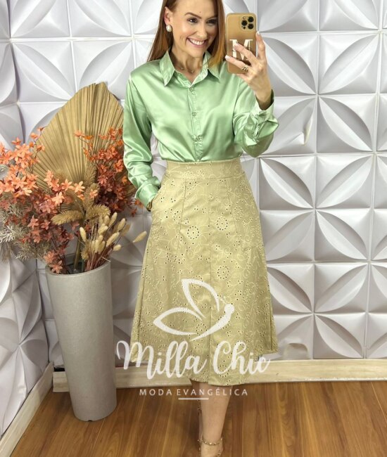 Saia Deisy em lesie P.U bordada - Off White - Milla Chic