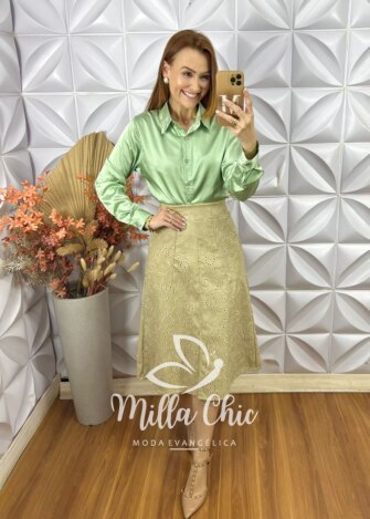 Saia Deisy em lesie P.U bordada - Off White - Milla Chic