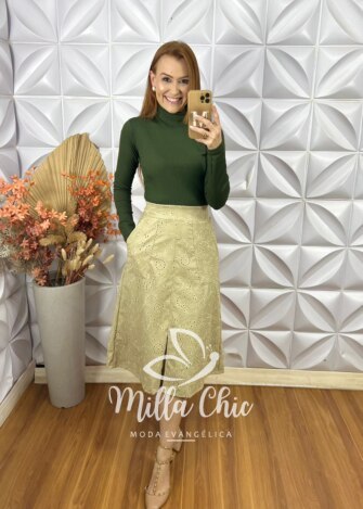 Saia Deisy em lesie P.U bordada - Off White - Milla Chic