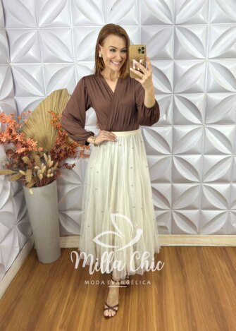 Saia Eduarda Em Tule Com Aplicação - Off White - Milla Chic