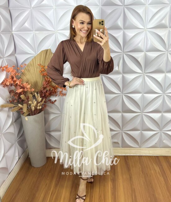 Saia Eduarda Em Tule Com Aplicação - Off White - Milla Chic