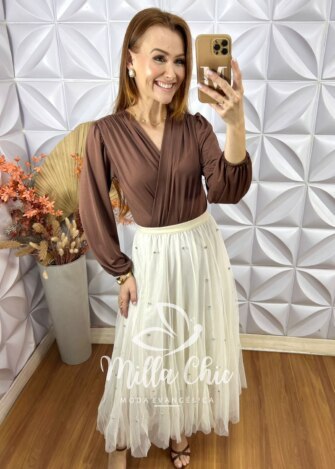 Saia Eduarda Em Tule Com Aplicação - Off White - Milla Chic