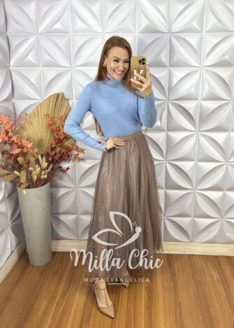 Saia Eduarda Em Tule Com Aplicação - Caramelo - Milla Chic