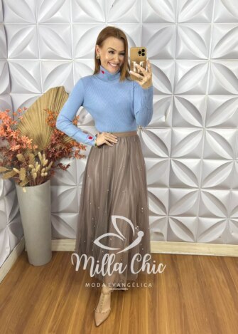 Saia Eduarda Em Tule Com Aplicação - Caramelo - Milla Chic