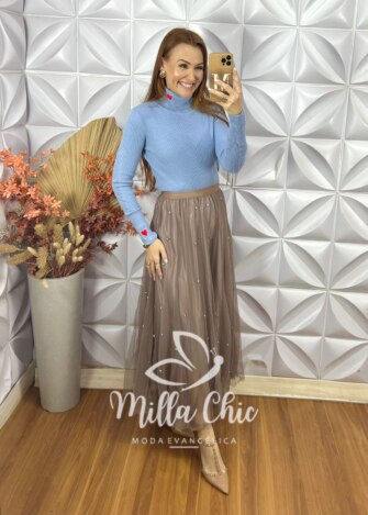 Saia Eduarda Em Tule Com Aplicação - Caramelo - Milla Chic