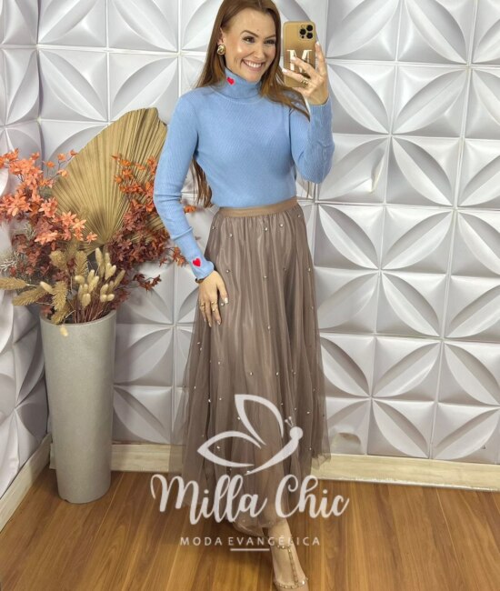 Saia Eduarda Em Tule Com Aplicação - Caramelo - Milla Chic