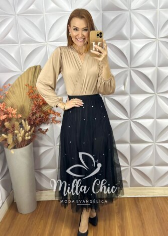 Saia Eduarda Em Tule Com Aplicação - Preto - Milla Chic