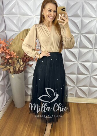Saia Eduarda Em Tule Com Aplicação - Preto - Milla Chic