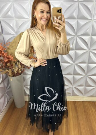 Saia Eduarda Em Tule Com Aplicação - Preto - Milla Chic