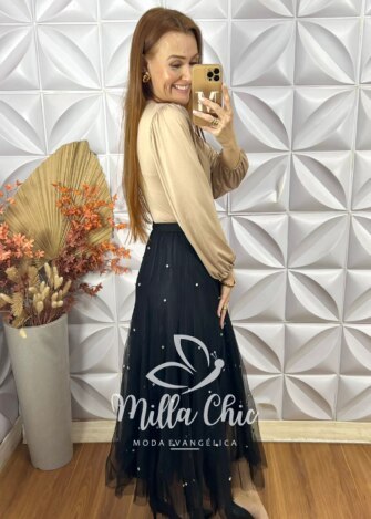 Saia Eduarda Em Tule Com Aplicação - Preto - Milla Chic