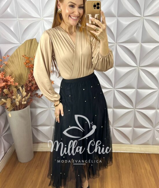 Saia Eduarda Em Tule Com Aplicação - Preto - Milla Chic