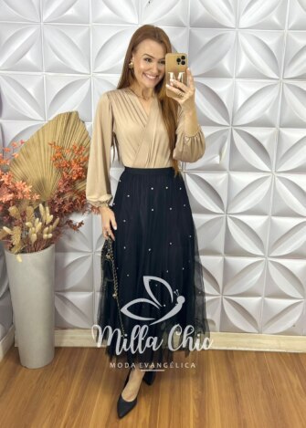 Saia Eduarda Em Tule Com Aplicação - Preto - Milla Chic