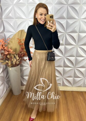Saia Eduarda Em Tule Com Aplicação - Caramelo - Milla Chic
