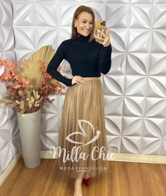 Saia Eduarda Em Tule Com Aplicação - Caramelo - Milla Chic