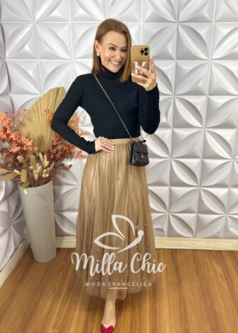 Saia Eduarda Em Tule Com Aplicação - Caramelo - Milla Chic