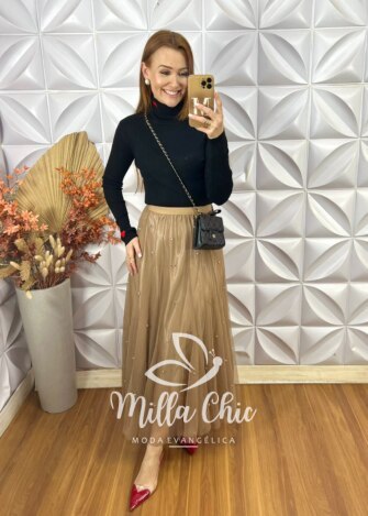 Saia Eduarda Em Tule Com Aplicação - Caramelo - Milla Chic