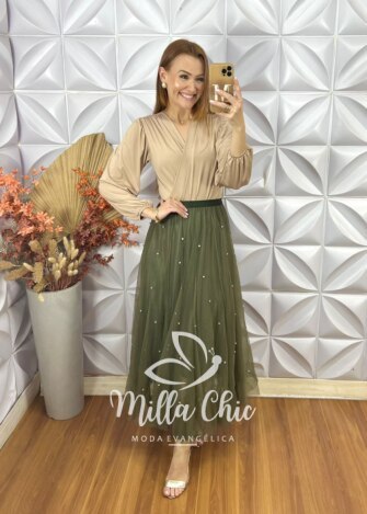 Saia Eduarda Em Tule Com Aplicação - Verde - Milla Chic