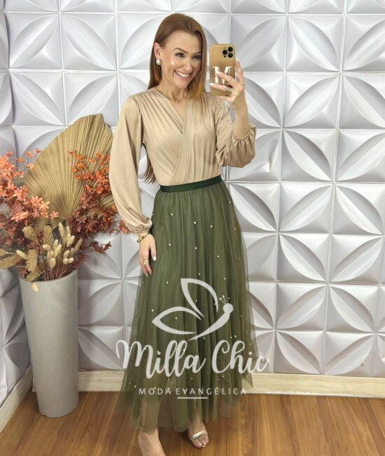 Saia Eduarda Em Tule Com Aplicação - Verde - Milla Chic