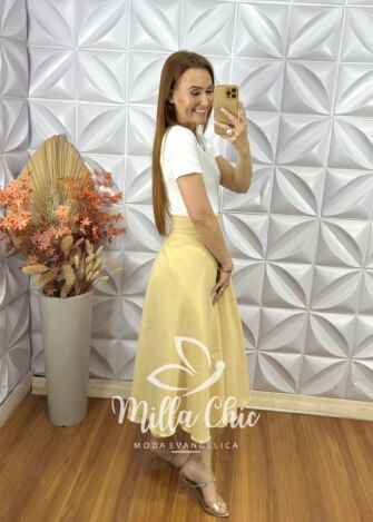 Saia Emília Envelope Em Linho - Amarelo Baunilha - Milla Chic