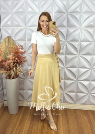 Saia Emília Envelope Em Linho - Amarelo Baunilha - Milla Chic