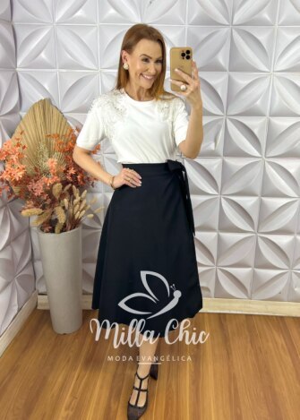 Saia Emília Envelope Em Linho - Preto - Milla Chic