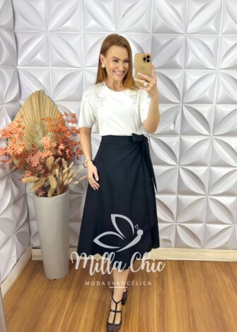 Saia Emília Envelope Em Linho - Preto - Milla Chic