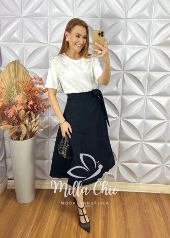 Saia Emília Envelope Em Linho - Preto - Milla Chic