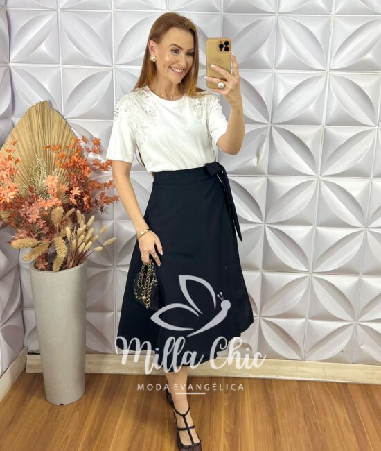 Saia Emília Envelope Em Linho - Preto - Milla Chic