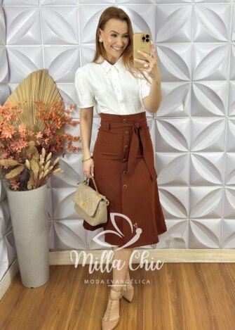 Saia Mileide Em Alfaiataria - Marrom - Milla Chic