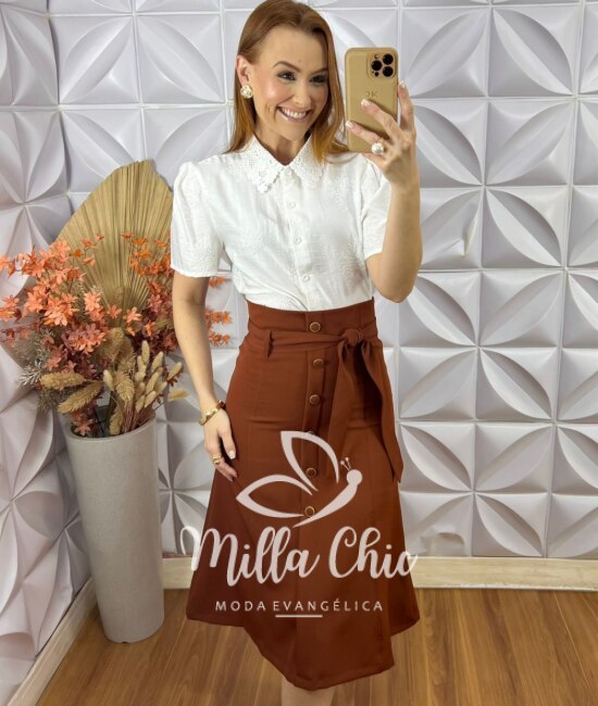 Saia Mileide Em Alfaiataria - Marrom - Milla Chic